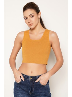 Trist Star Kadın HARDAL  %100 Organik Pamuk Likralı Crop Kare Yaka Triko Atlet Örme Bluz TRIST-6123