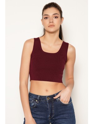 Trist Star Kadın BORDO  %100 Organik Pamuk Likralı Crop Kare Yaka Triko Atlet Örme Bluz TRIST-6123