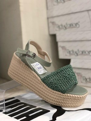 Thulia Dantel Yeşil Topuklu Sandalet Topuklu Yazlık Ayakkabı