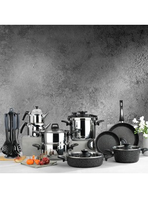 Schafer 20 Parça İndüksiyon Uyumlu Granit Kaplama Çelik Tencere Seti Siyah