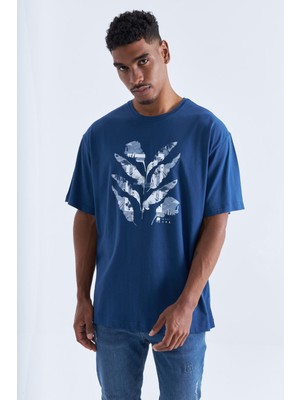 Tommy Life Indigo Büyük Baskılı O Yaka Erkek Oversize T-Shirt  - 88092