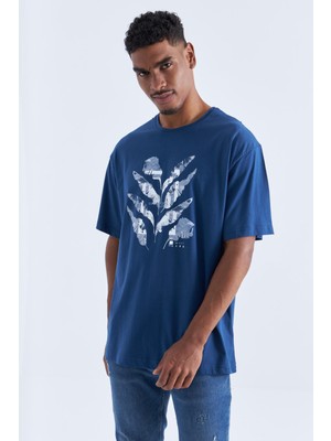 Tommy Life Indigo Büyük Baskılı O Yaka Erkek Oversize T-Shirt  - 88092