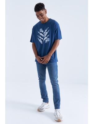 Tommy Life Indigo Büyük Baskılı O Yaka Erkek Oversize T-Shirt  - 88092