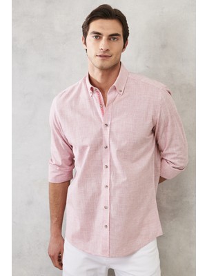 ALTINYILDIZ CLASSICS Erkek Bordo Slim Fit Dar Kesim Düğmeli Yaka %100 Pamuk Flamlı Gömlek