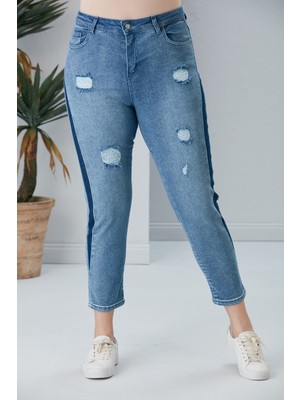 Rmg Yırtık Detaylı Garnili Büyük Beden Mavi Kot Pantolon