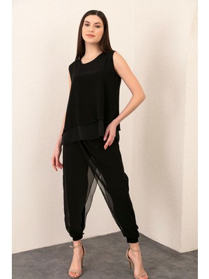 Etkimod Kadın Siyah Şifon Detaylı Paçası Lastikli Şalvar Pantolon