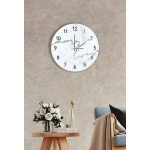 Duvar Saati - Cam - Sessiz Akar - Siyah Beyaz Mermer Çap 27