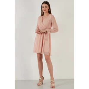 Kruvaze Yaka Bağlama Detaylı Şifon Mini Elbise Bayan Elbise 6051467