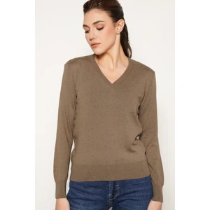 Trist Star Kadın Vizon %100 Organik Pamuk V Yaka Triko Kazak Bluz TRIST-6102