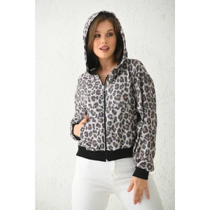 Bej Kapüşonlu Leopar Baskılı Sweatshirt