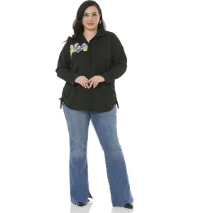 Disentis Modest Büyük Beden Yaprak Baskılı Yanları Bağlama Detaylı Bayan Siyah Gömlek