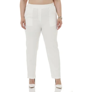 Disentis Modest Büyük Beden Beli Yan ve Arkadan Lastikli Dar Paça Cepli Beyaz Pantolon