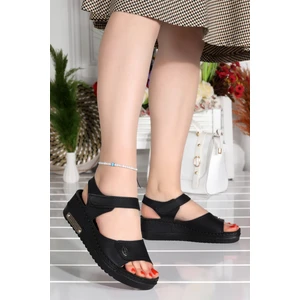 Ary 07-109 Günlük 5 cm Topuk Cırtlı Bayan Sandalet Terlik Siyah