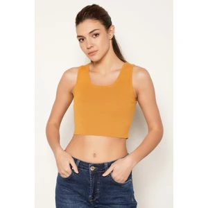 Trist Star Kadın HARDAL  %100 Organik Pamuk Likralı Crop Kare Yaka Triko Atlet Örme Bluz TRIST-6123