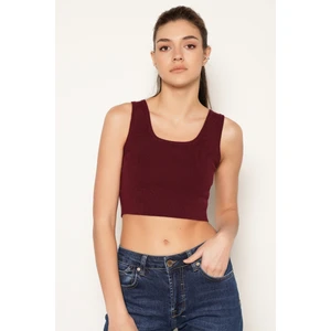 Trist Star Kadın BORDO  %100 Organik Pamuk Likralı Crop Kare Yaka Triko Atlet Örme Bluz TRIST-6123