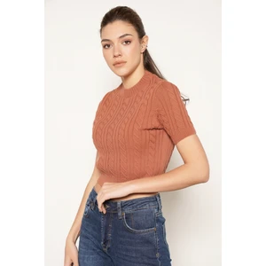 Trist Star Kadın KIREMIT  Organik Pamuk Saç Örgülü Bisiklet Yaka Kısa Kol Triko Örme Bluz