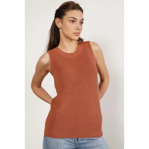 Trist Star Kadın KİREMİT %100 Organik Pamuk Selanik Örgü Yırtmaçlı Bisiklet Yaka Triko Süveter Bluz TRIST-6116