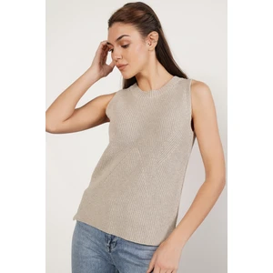 Trist Star Kadın AÇIK GRİ %100 Organik Pamuk Selanik Örgü Yırtmaçlı Bisiklet Yaka Triko Süveter Bluz TRIST-6116