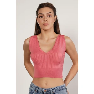 Trist Star Kadın PEMBE  Organik Pamuk Likralı Crop Triko Atlet Örme Bluz TRIST-6109