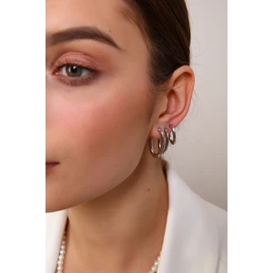 Kadın Gümüş Renk Oval 3'lü Küpe