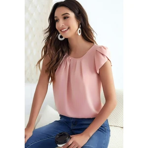 Yuvarlak Pileli Yakalı Kol Detaylı Rahat Kesim Kısa Kol Şık ve Cool Bluz