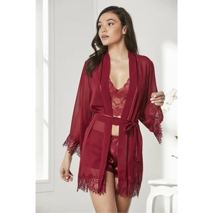 Pierre Cardin 7005 Çeyizlik Dantelli Saten 4'lü Set -Bordo