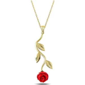 Bilsen Store Kadın 925 Ayar Gümüş Altın Kaplama Üç Yapraklı Aşk Simgesi Kırmızı Gül Kolye