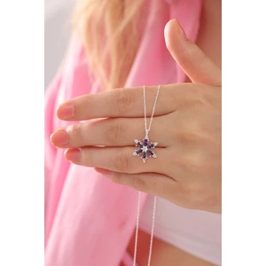 Bilsen Store 925 Ayar Gümüş Zincirli Ametist Damla Taşlı Kamelya Lotus Çiçeği Kolye