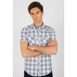 Slim Fit Kısa Kol Ekose Çift Cep Kapaklı Teksas Model Erkek Gömlek