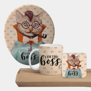 Boss Cat Mousepad, Kupa ve Bardak Altlığı Set