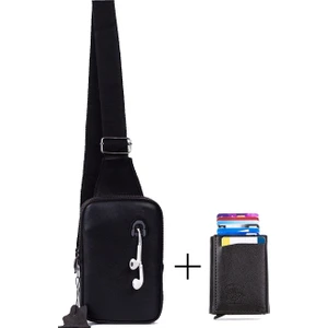 Adelina Bags Siyah Hakiki Deri Göğüs ve Omuz Çanta ve Mekanizmalı Kartlık Cüzdan