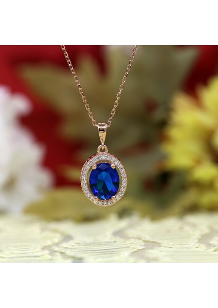 Lacivert Beyaz Zirkon Taşlı Oval Gümüş Kolye fırsatları