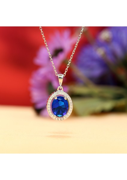 Lacivert Beyaz Zirkon Taşlı Oval Gümüş Kolye indirimleri