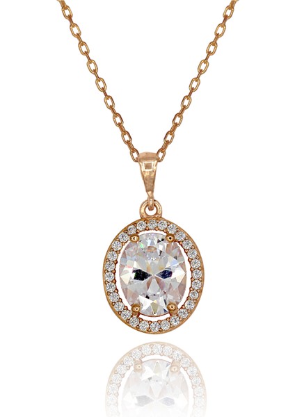 Beyaz Zirkon Taşlı Oval Gümüş Kolye modelleri