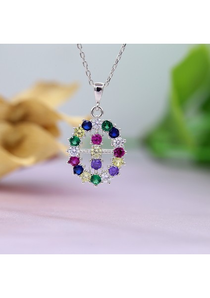 Renkli Zirkon Taşlı Oval Gümüş Kolye fırsatları