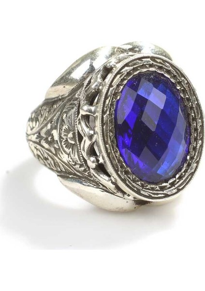 925 Ayar Gümüş Oval Sentetik Safir Taşlı Işlemeli Kollu Erkek Yüzük modelleri
