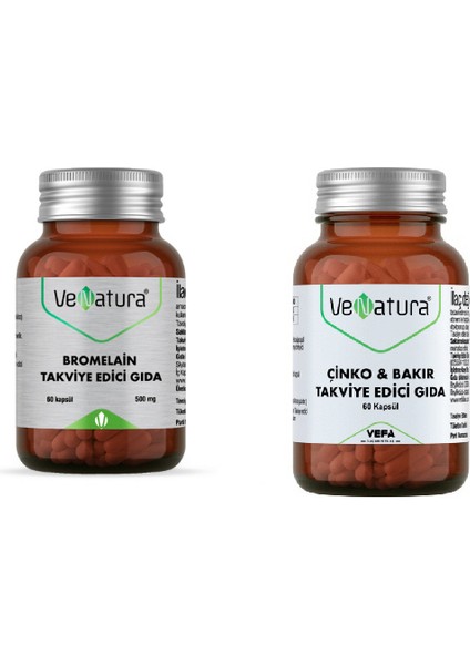 Bromelain 500 Mg 60 Kapsül +Yetişkinler Için Çinko & Bakır 60 Kapsül
