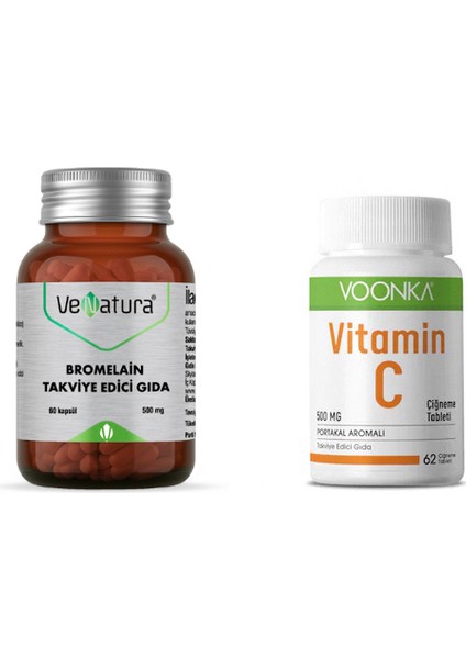Bromelain 500 Mg 60 Kapsül +Vitamin C Çiğneme 62 Tablet