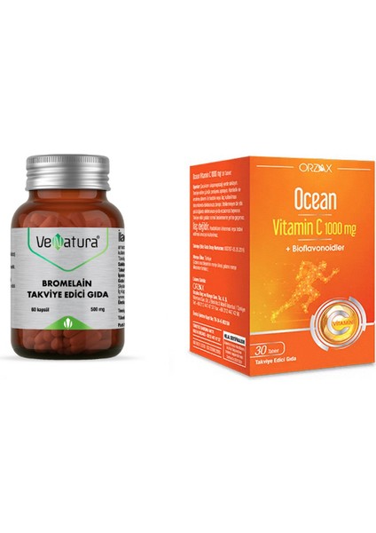 Bromelain 500 Mg 60 Kapsül + C Vitamini 1000 Mg 30 Tablet