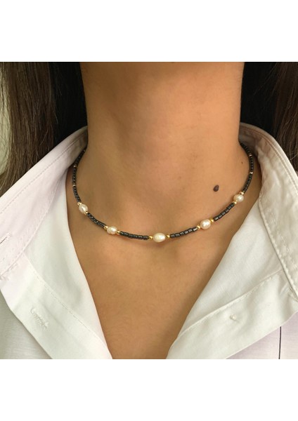 Hematit Doğal Taşlı Mallorca Incili El Yapımı Minimal Kolye