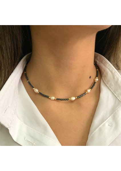 Hematit Doğal Taşlı Mallorca Incili El Yapımı Minimal Kolye fiyatları