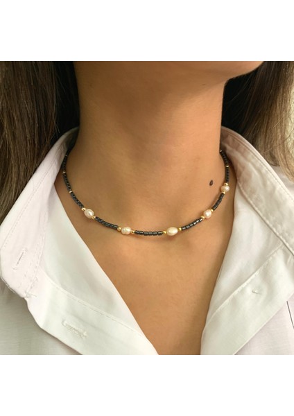 Hematit Doğal Taşlı Mallorca Incili El Yapımı Minimal Kolye modelleri