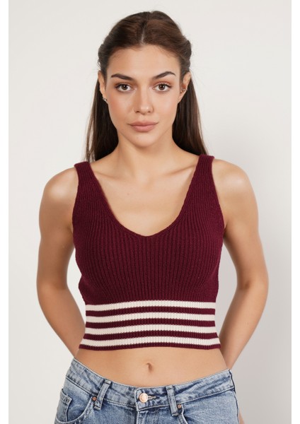 Kadın Bordo %100 Organik Pamuk Likralı Crop Triko Atlet Örme Bluz TRIST-6106