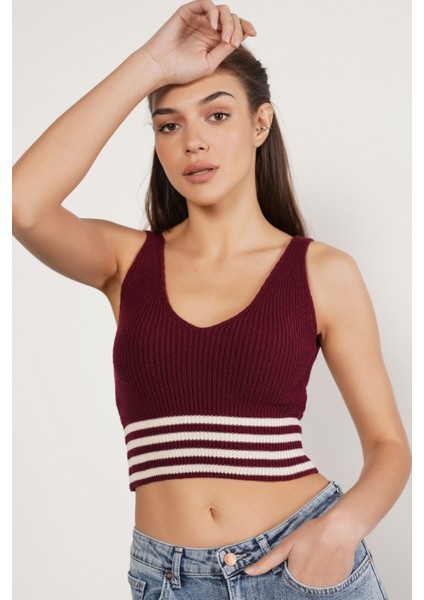 Kadın Bordo %100 Organik Pamuk Likralı Crop Triko Atlet Örme Bluz TRIST-6106