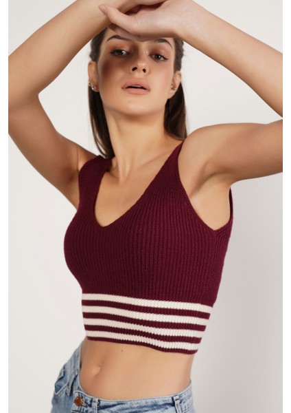 Kadın Bordo %100 Organik Pamuk Likralı Crop Triko Atlet Örme Bluz TRIST-6106