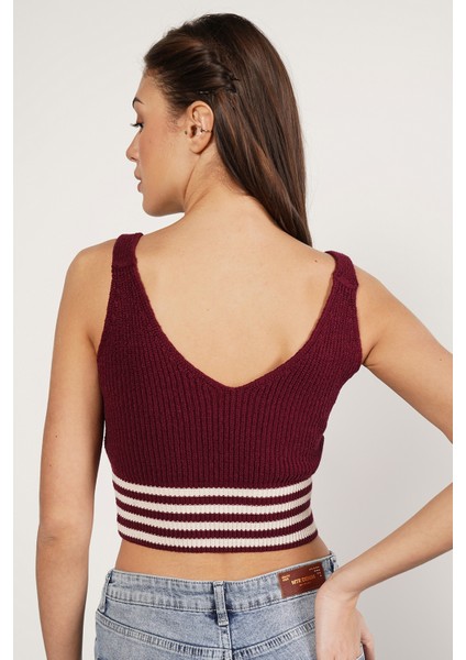 Kadın Bordo %100 Organik Pamuk Likralı Crop Triko Atlet Örme Bluz TRIST-6106