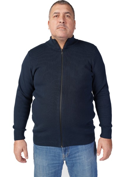 Büyük Beden LACİVERT Dik Yaka Fermuarlı Pamuklu Erkek Hırka