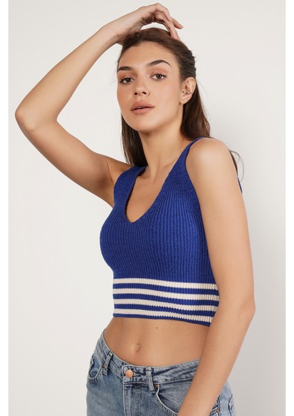 Kadın Saks %100 Organik Pamuk Likralı Crop Triko Atlet Örme Bluz TRIST-6106