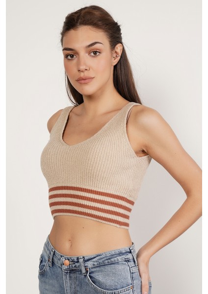 Kadın Bej %100 Organik Pamuk Likralı Crop Triko Atlet Örme Bluz TRIST-6106 fiyatları