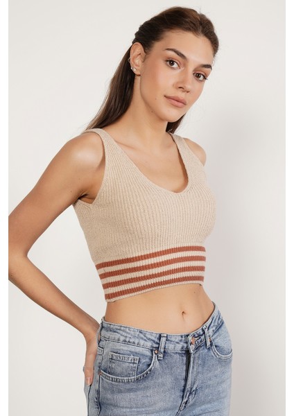 Kadın Bej %100 Organik Pamuk Likralı Crop Triko Atlet Örme Bluz TRIST-6106 modelleri